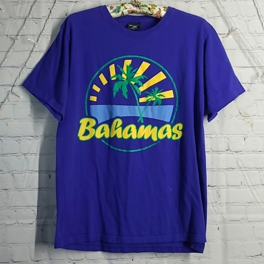 Vintage 90s Bahamas Rising Sun Beach Tropical Graphic Print Navy Blue Tee Mens L - Picture 13 of 15